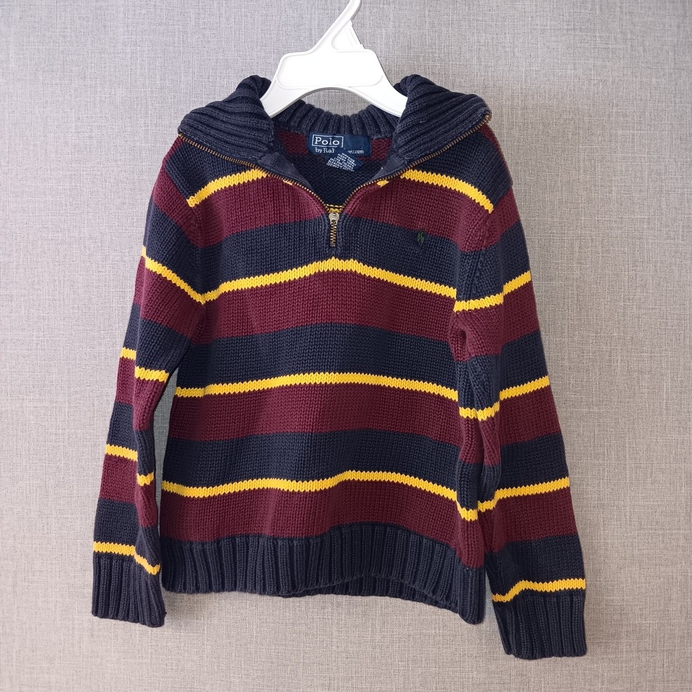 Polo Ralph Lauren Boys Striped Quarter Zip Sweater Maroon Navy Yellow 4 Logo - Picture 1 of 4